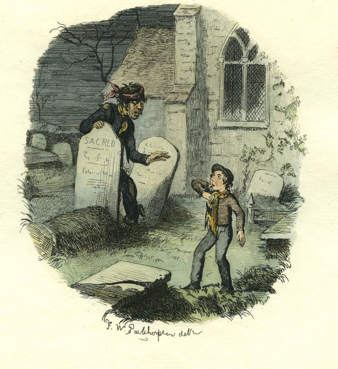 Pip a trestanec, Velká očekávání, asi 1885 (ručně kolorovaný lept) od Frederick W. Pailthorpe