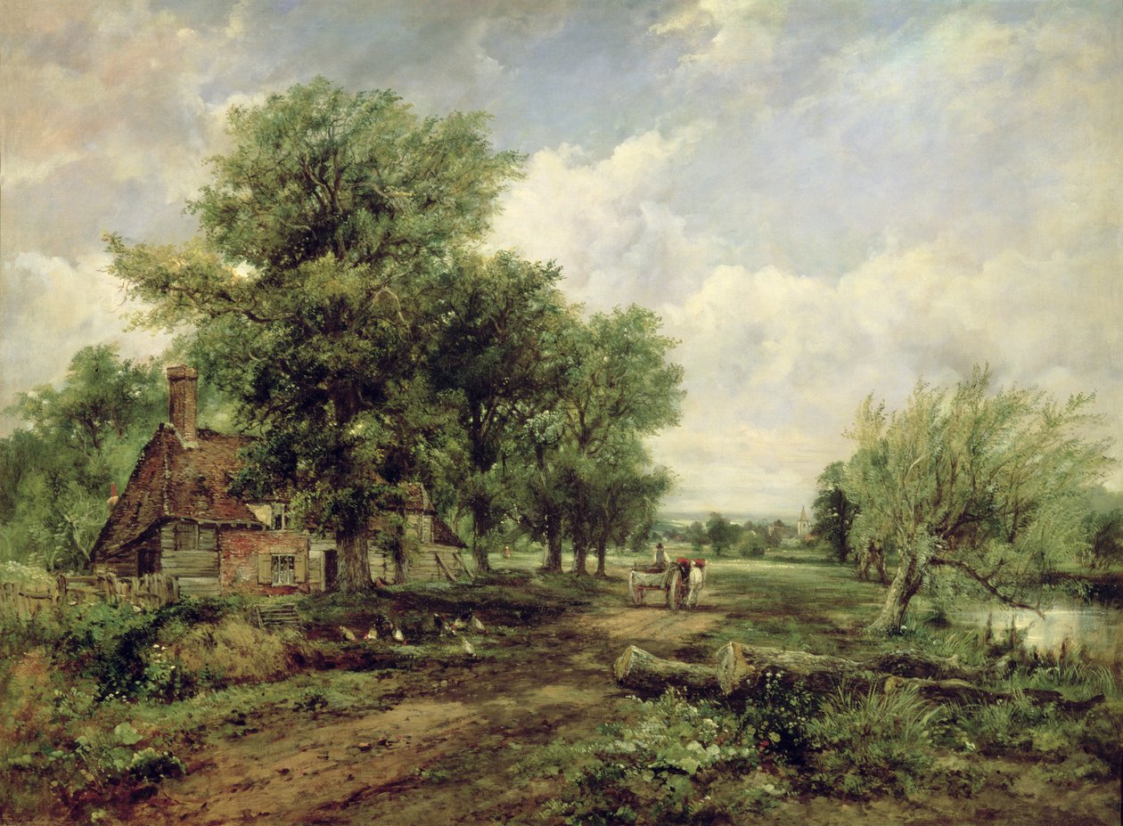 Zalesněná říční krajina s chatou a koňským povozem od Frederick Waters Watts