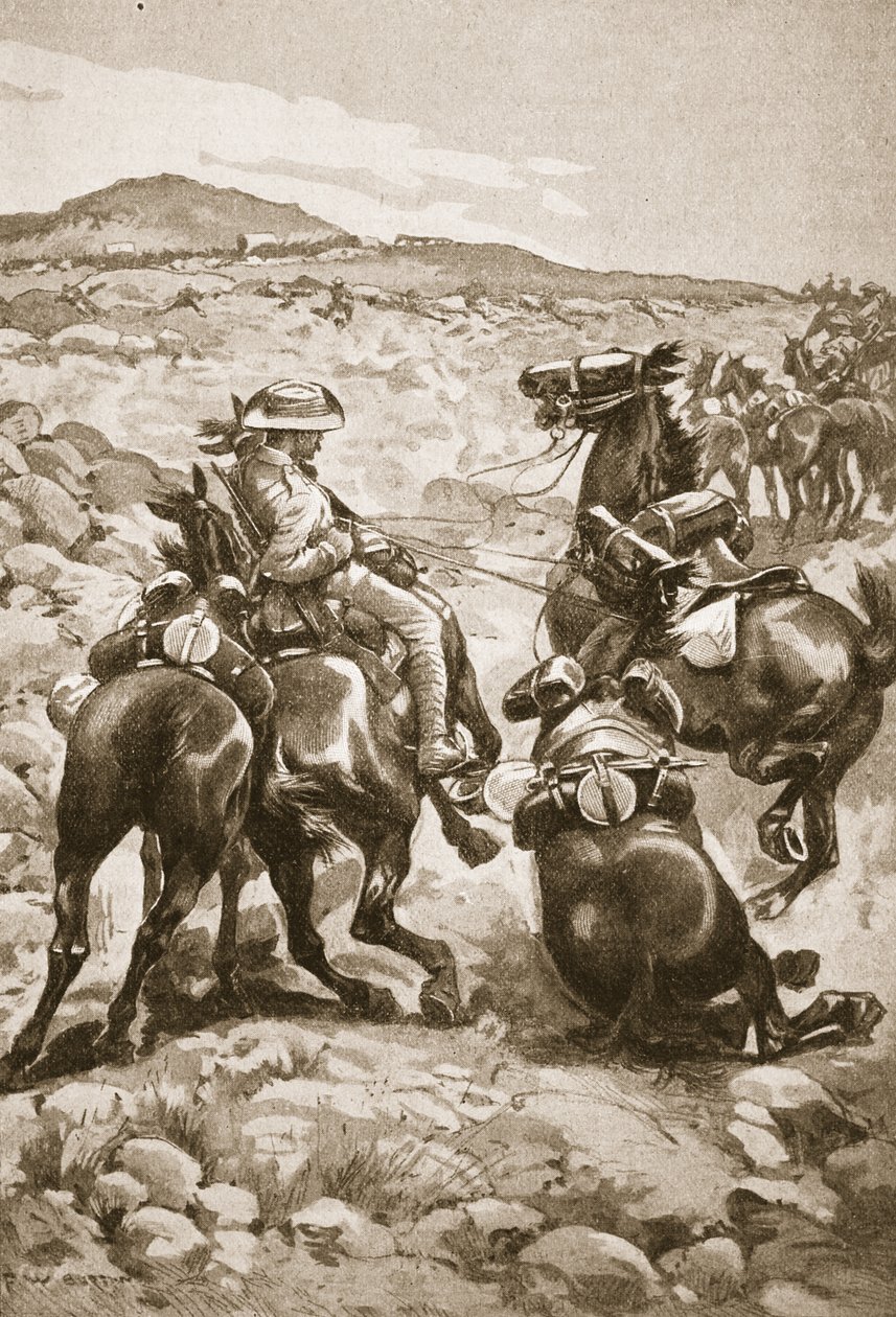 V patách De Wet: Jízdní pěchota útočící na vagón, ilustrace z 