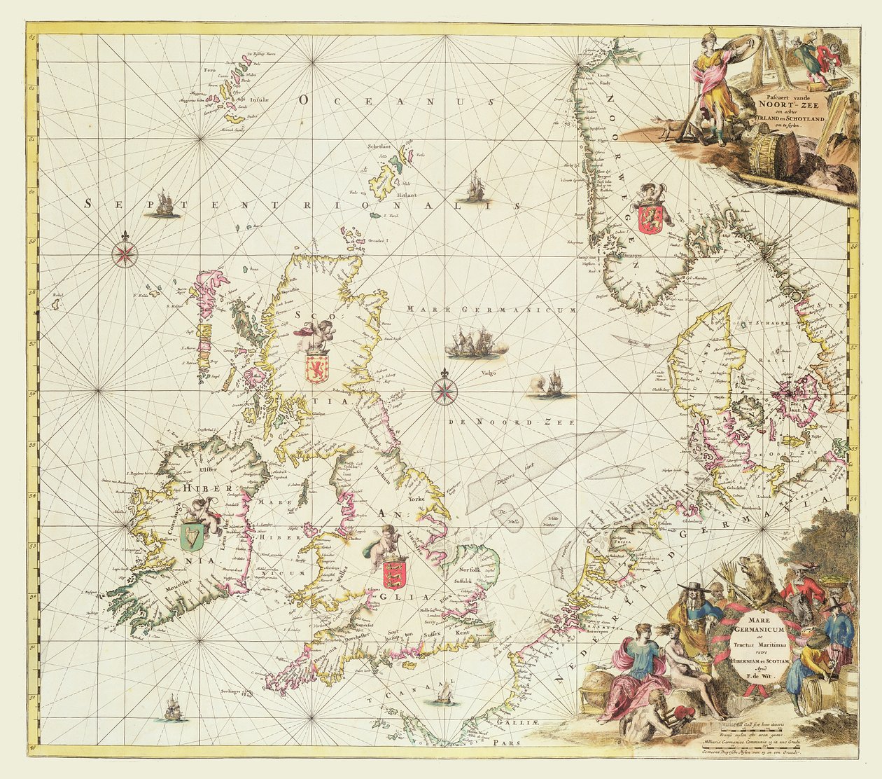 Mapa Severního moře, kolem roku 1675 (ručně kolorovaná rytina) od Frederick de Wit
