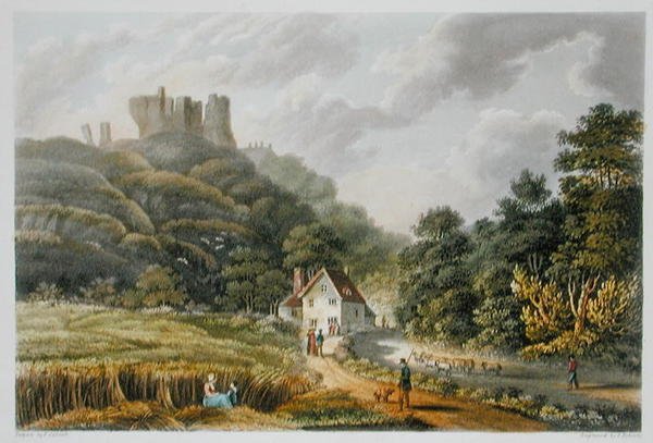 Carisbrook, z knihy "The Isle of Wight Illustrated, in a Series of Coloured Views", vyryl P. Roberts, vydáno 1846 (akvatinta) od Frederick (after) Calvert