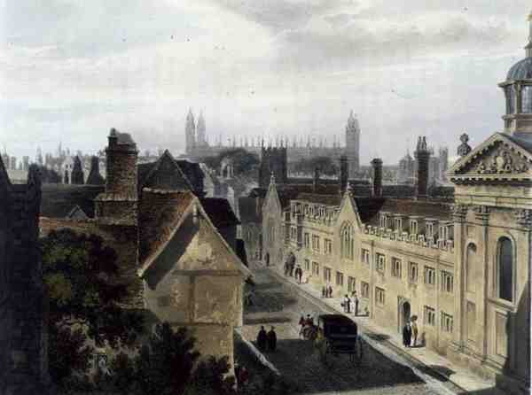 Exteriér Pembroke College, z okna Peterhouse, Cambridge, z 