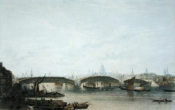 Pohled na most Southwark, jak vypadal v květnu 1818, vyryl W. Bennett podle kresby originálu W.H. Timms od Frederick (after) Nash