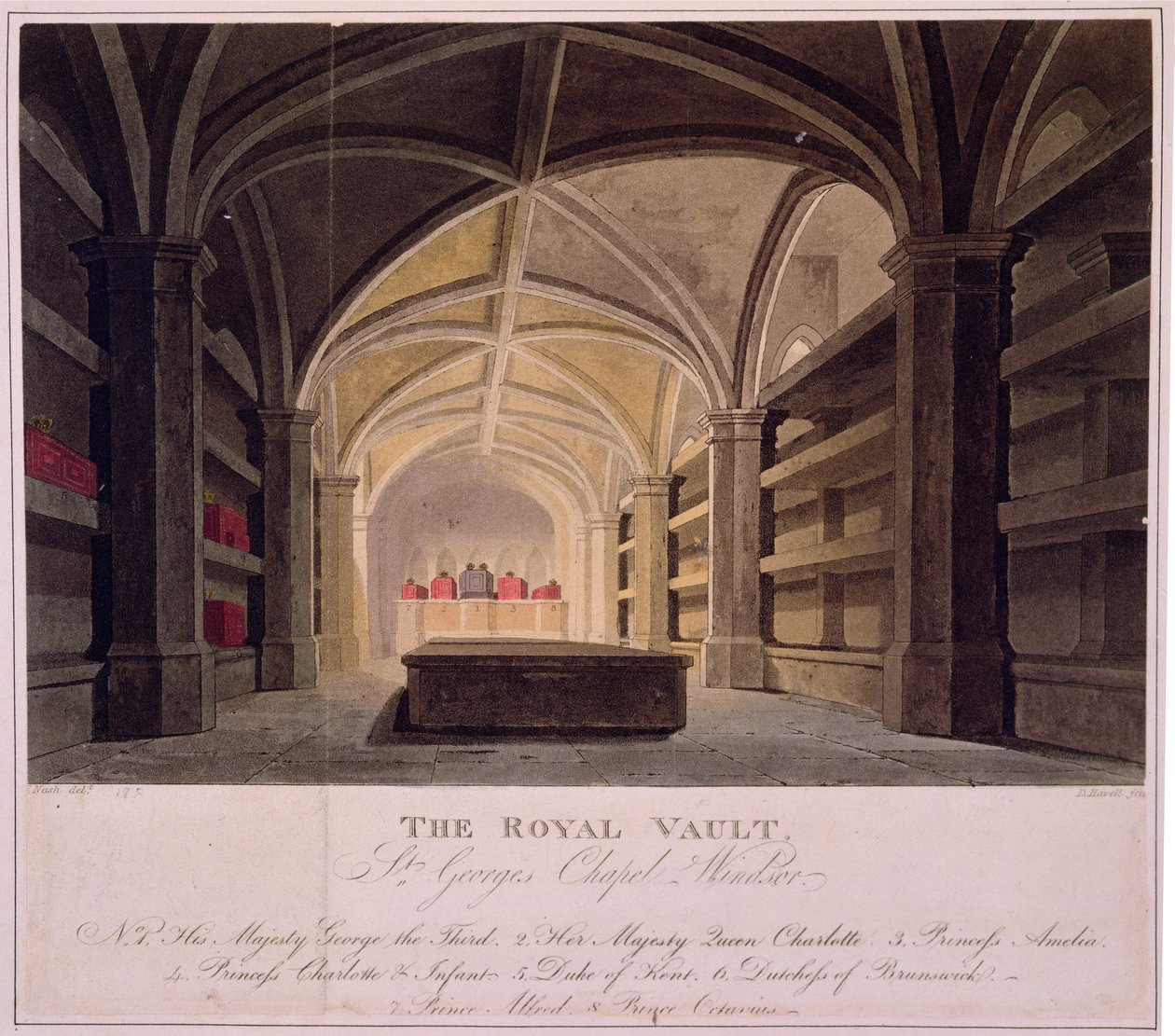 Královská klenba, kaple sv. Jiří, Windsor, vyryl Daniel Havell (1785-1826) (barevné lito) od Frederick (after) Nash