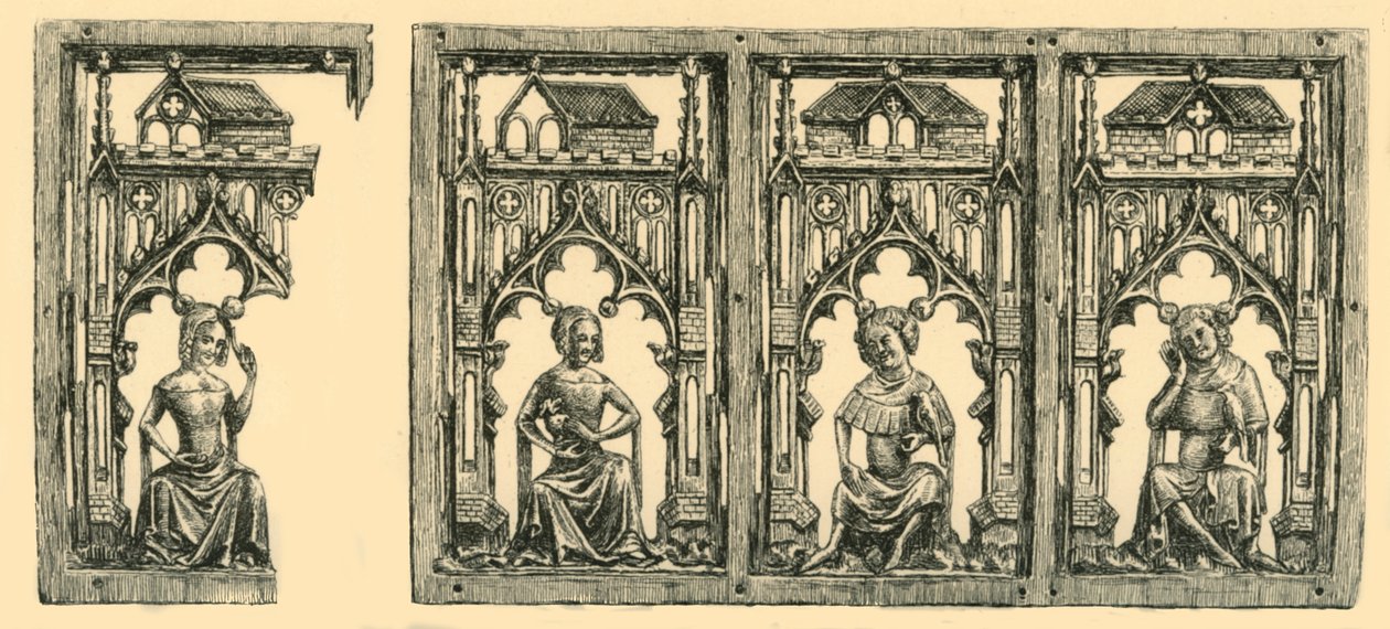 Rytíři a dámy sedící pod baldachýny, děrovaný panel ze slonoviny, polovina konce 14. století, 1881. od Frederick Albert Slocombe