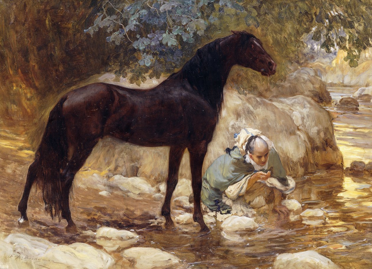 Arab zalévající svého koně u řeky, cca 1890-1900 od Frederick Arthur Bridgman