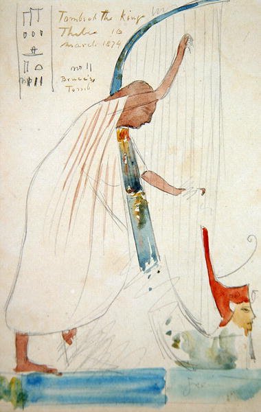 Nástěnná malba harfenistky v hrobce Ramesse III v Thébách od Frederick Arthur Bridgman