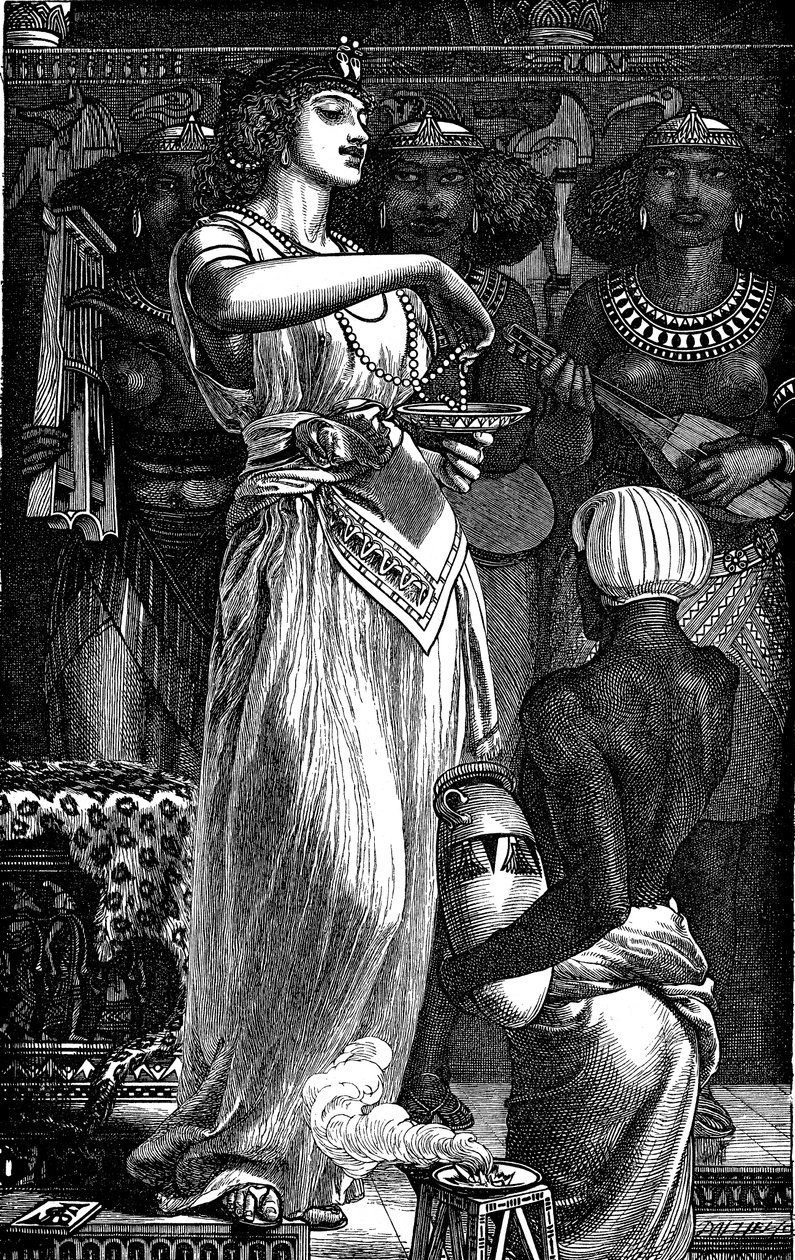 Kleopatra VII 69-30 př.nl, královna Egypta, rozpouštění perel ve víně, 1866 od Frederick Augustus Sandys