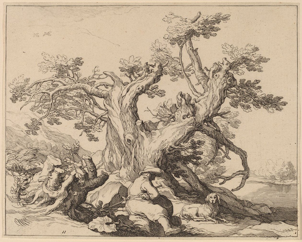 Muž a jeho pes odpočívá u velkého stromu od Frederick Bloemaert after Abraham Bloemaert