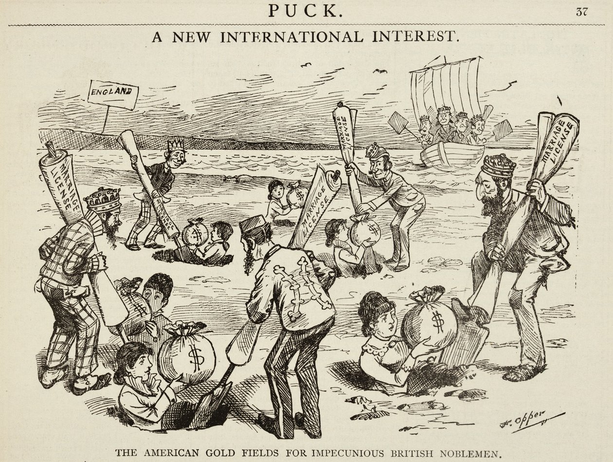 Kreslený film zobrazující „Americká zlatá pole pro bezmocné britské šlechtice“, 1880 od Frederick Burr Opper