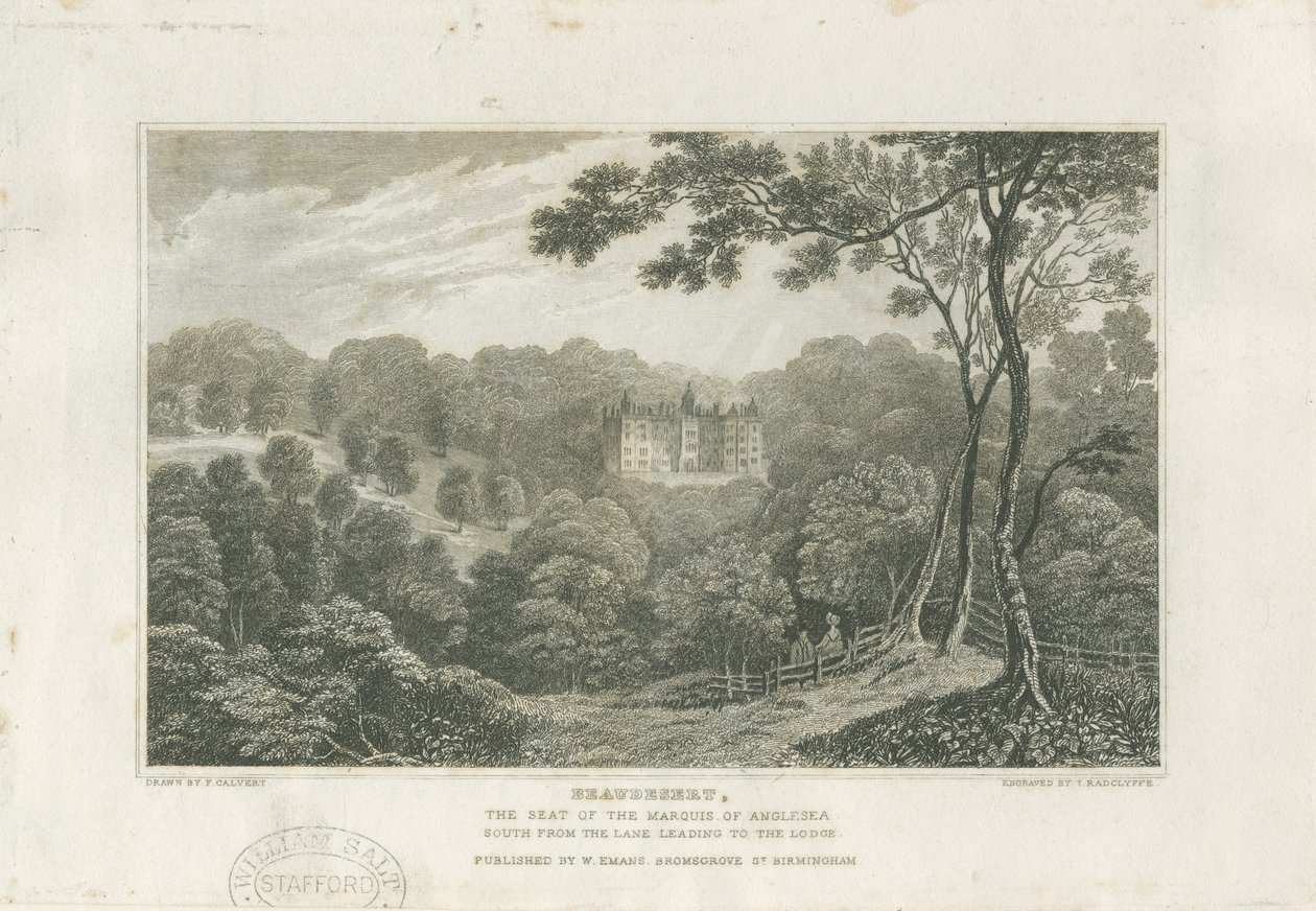 Beaudesert Hall and Park: rytina, nd [c 1830] od Frederick Calvert