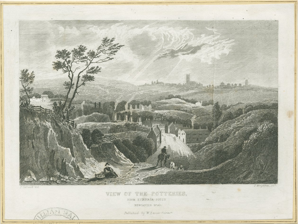 Burslem - View of the Potteries: rytina, nd [c 1830] od Frederick Calvert