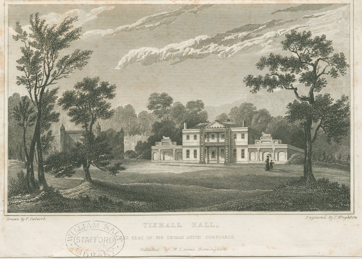 Tixall Hall: rytina, nd [c 1830] (tisk) od Frederick Calvert