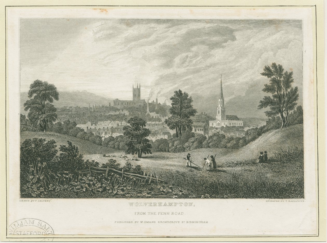 Wolverhampton - Pohled do dálky z Penn Road: ocelorytina, nd [c 1830] (tisk) od Frederick Calvert