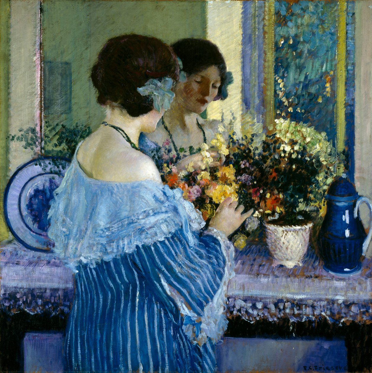 Dívka v modré aranžování květin od Frederick Carl Frieseke