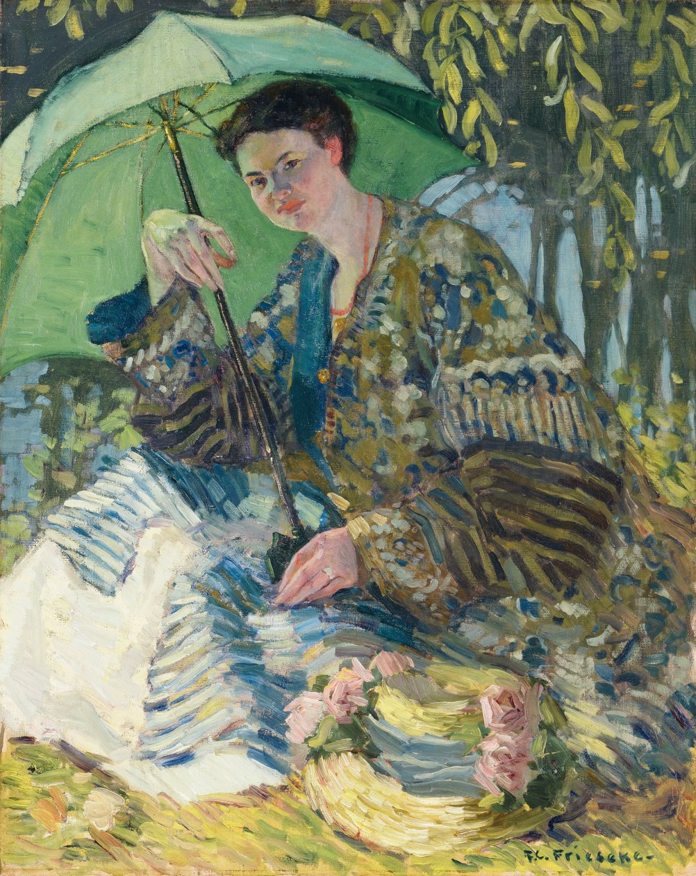 Dáma se slunečníkem, kolem roku 1905 (olej na plátně) od Frederick Carl Frieseke