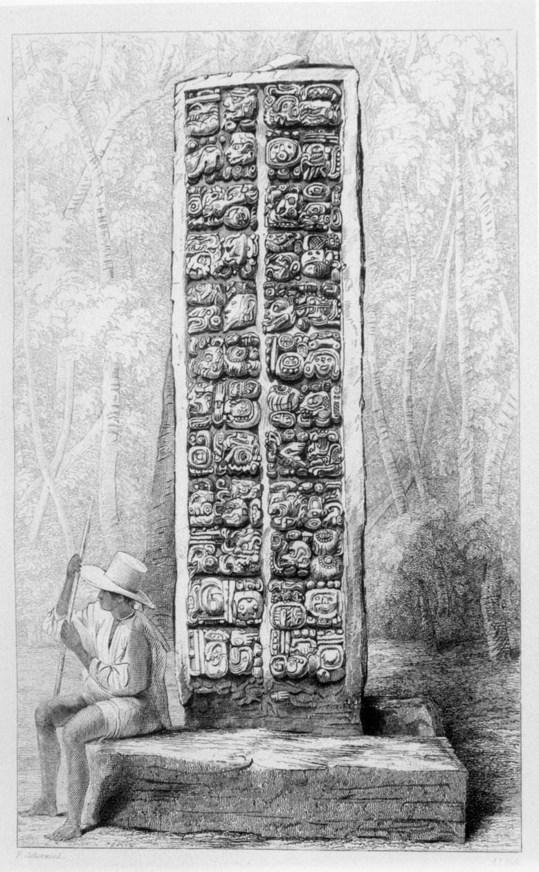 Hieroglyfy na zadní straně pomníku v Copanu, Honduras, ze svazku I „Incidents of Travel in Central America, Chiapas and Yucatan“ od Fredericka Catherwooda a Johna Lloyda Stephense, vydaného v roce 1842 od Frederick Catherwood
