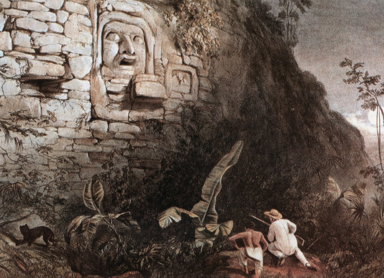 Lovec a jeho průvodce před hlavou Mayů Itzam Na od Frederick Catherwood