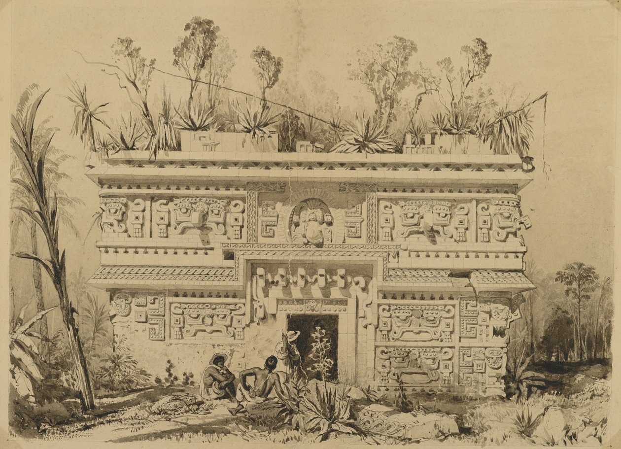 Las Monjas, Chichen Itza, Yucatan, 1843 (sépiový inkoust a praní na tkaném papíře) od Frederick Catherwood