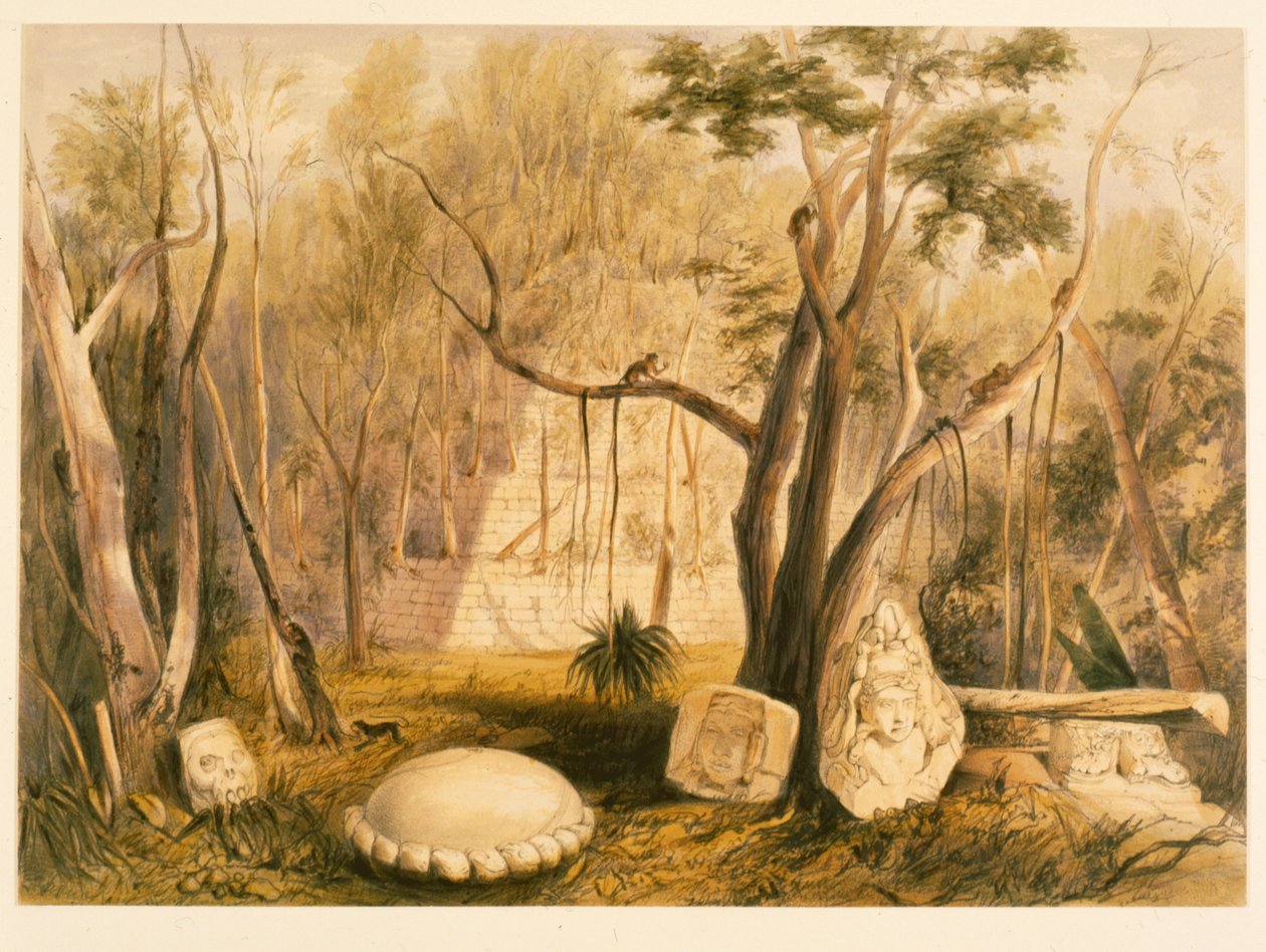Budova pyramidy a fragment sochy v Copanu, ilustrace z „Incidents of Travel in Central America, Chiapas and Yucatan“ od Johna Lloyda Stephense, 1844 od Frederick Catherwood