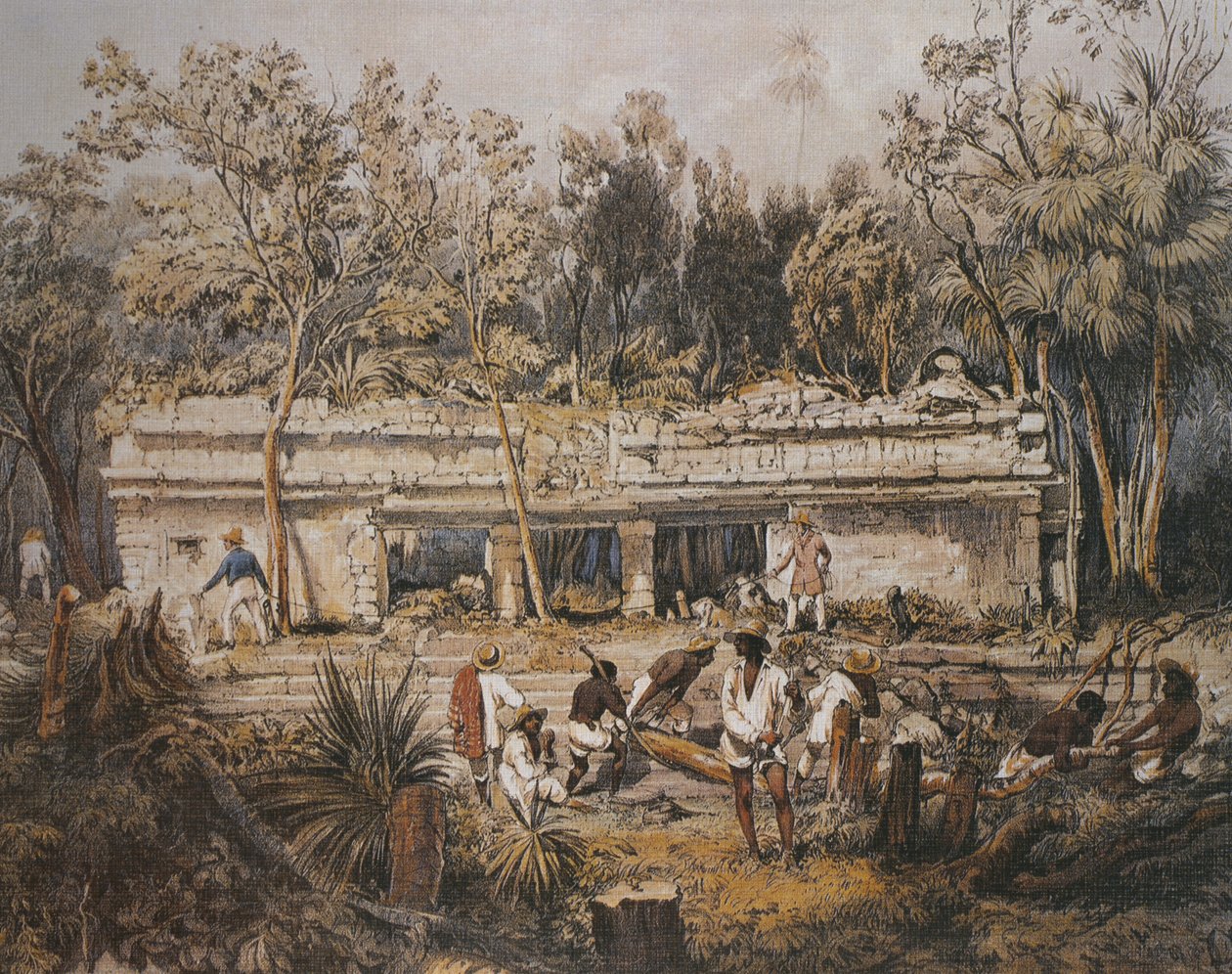 Archeologové Frederick Catherwood a John Lloyd Stephens měřící chrám v Tulum, Yucatan, Mexiko, ilustrace z 