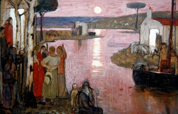 Večerní idyla, cca 1910 (tempera na černé pastelce na palubě) od Frederick Cayley Robinson