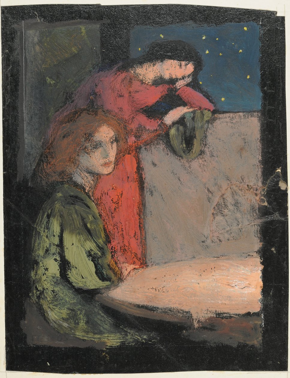 Dvě dívky u stolu Pozor na hvězdnou noc, 1905 (tempera na kartě) od Frederick Cayley Robinson