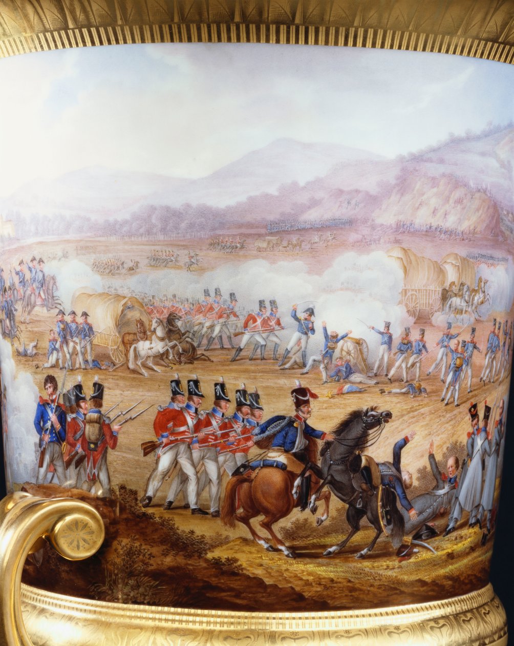 Detail z berlínské zlaté broušené štíhlé vázy campana a soklu typu Wellington Service, sat. 1817, malované s výjevem bitvy u Vittorie, 1817 od Frederick Christian Lewis