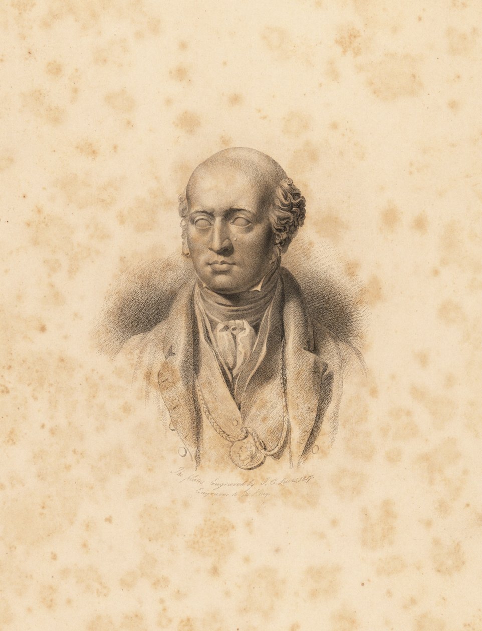 Portrétní busta umělce Sira Thomase Lawrence. Rytina Fredericka Christianse Lewise podle ilustrace sira Thomase Lawrence z P.G. Patmore