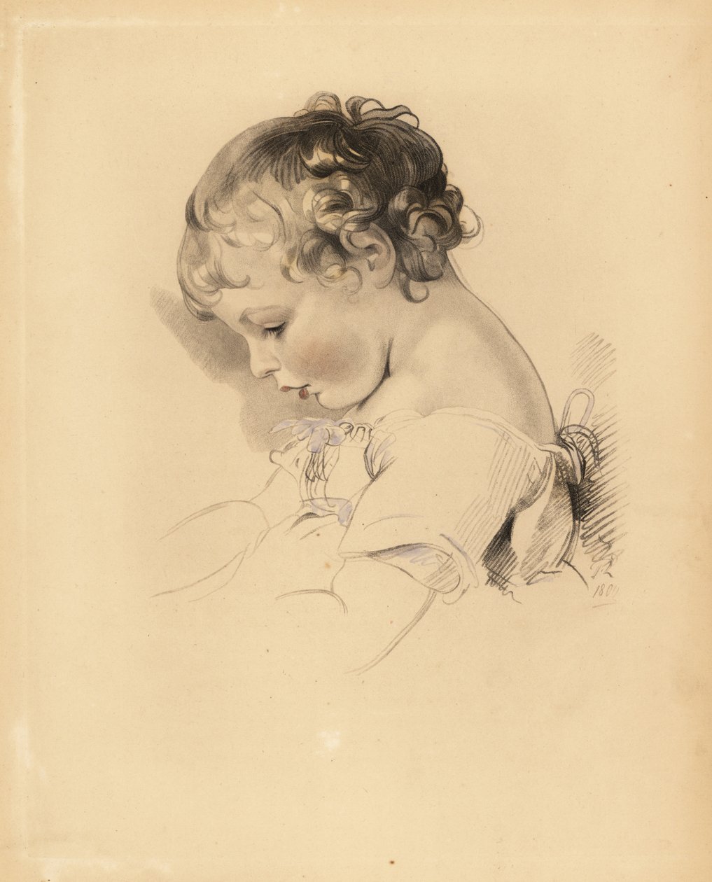 Portrét Henryho Bloxama, synovce sira Thomase Lawrence. Chlapec v šatech s modrou stuhou. Ručně tónovaná rytina Fredericka Christiana Lewise podle ilustrace sira Thomase Lawrence z P.G. Patmore