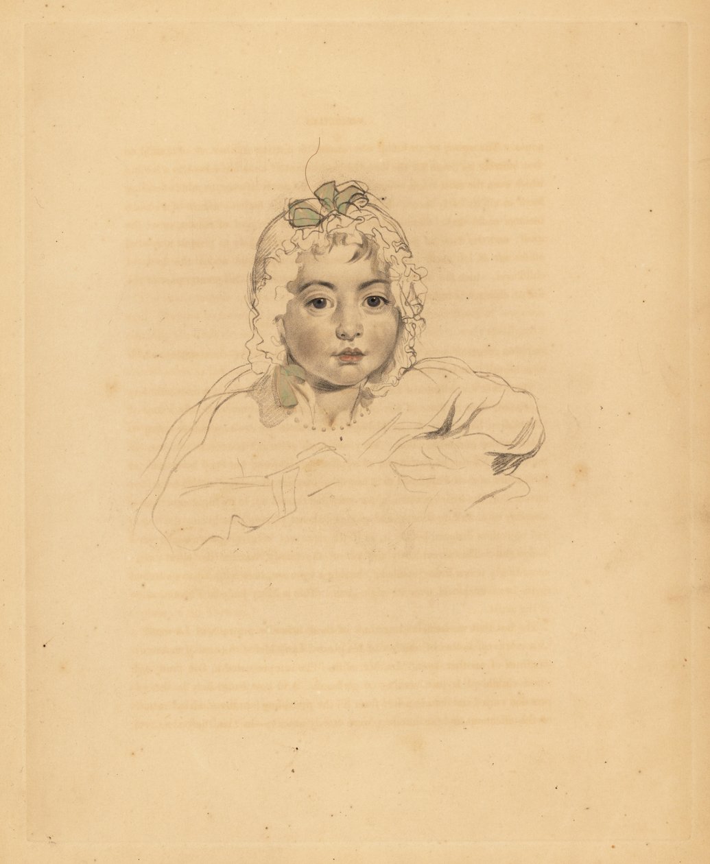 Portrét Mary Isabelly Bloxamové, neteře sira Thomase Lawrence. V kapotě se stuhou. Ručně tónovaná rytina Fredericka Christiana Lewise podle ilustrace sira Thomase Lawrence z P.G. Patmore