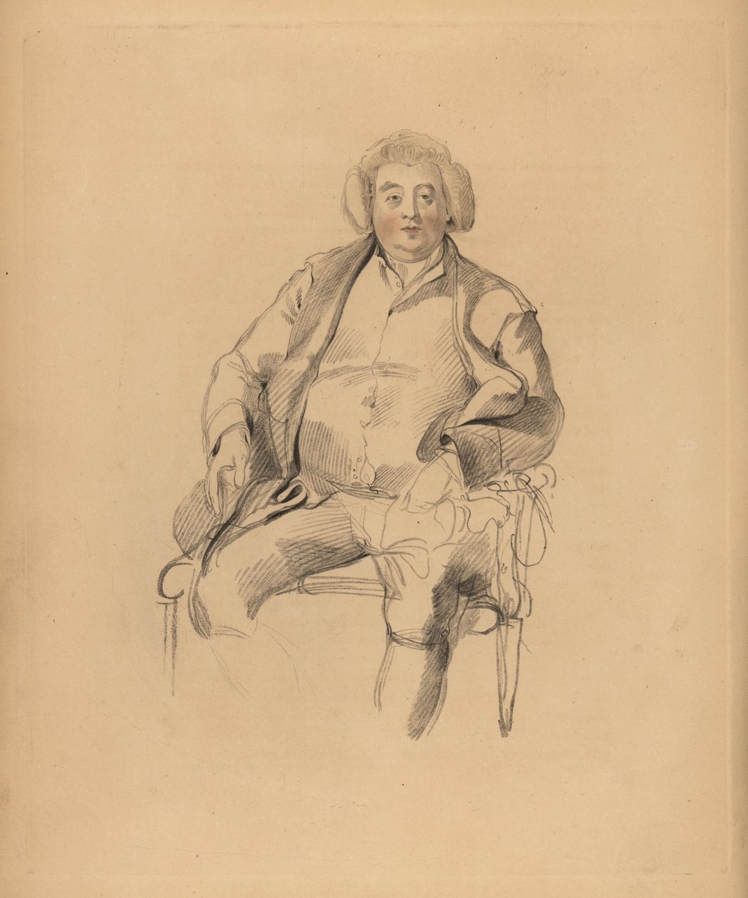 Portrét otce sira Thomase Lawrence, hostinského Thomase Lawrence. Mohutný muž v paruce sedící na židli. Ručně tónovaná rytina Fredericka Christiana Lewise podle ilustrace sira Thomase Lawrence z P.G. Patmore