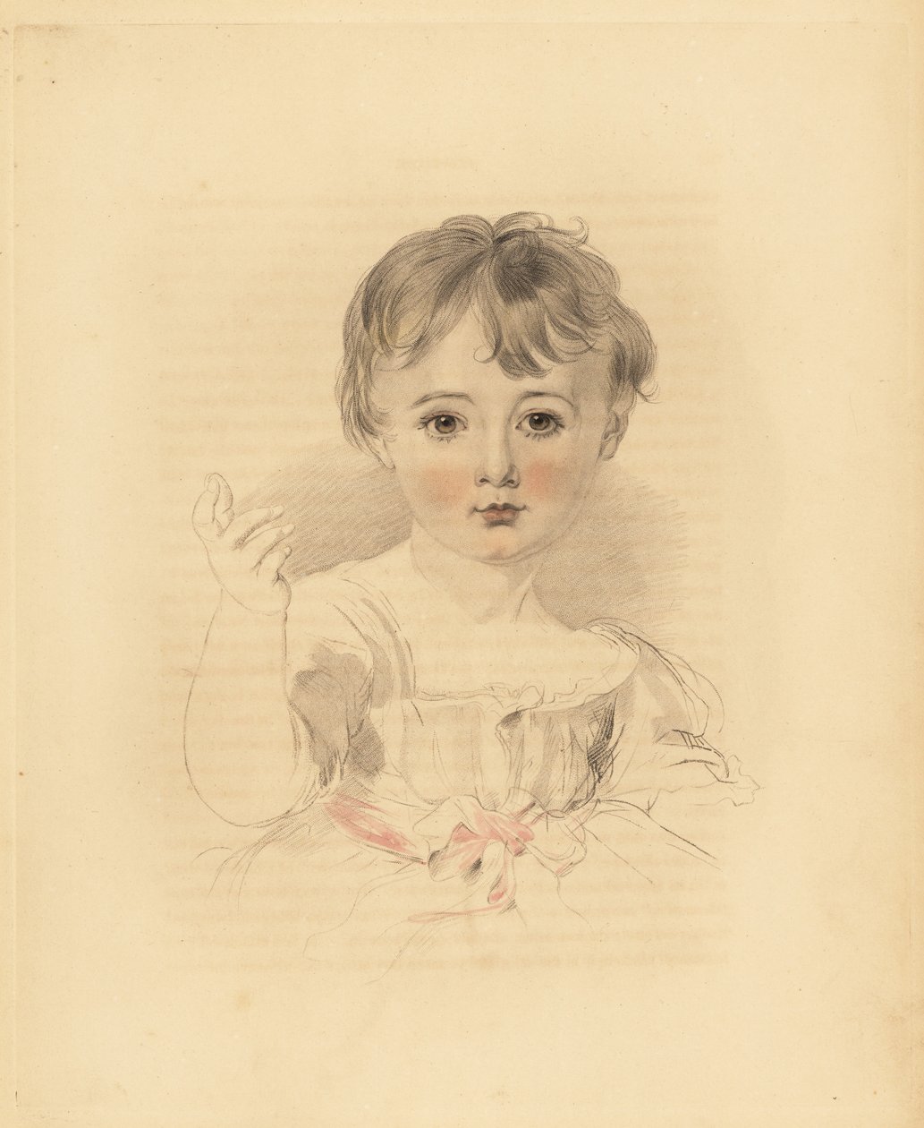 Portrét Thomase Lawrence Bloxama, synovce sira Thomase Lawrence. V šatech převázaných růžovou stuhou. Ručně tónovaná rytina Fredericka Christiana Lewise podle ilustrace sira Thomase Lawrence z P.G. Patmore