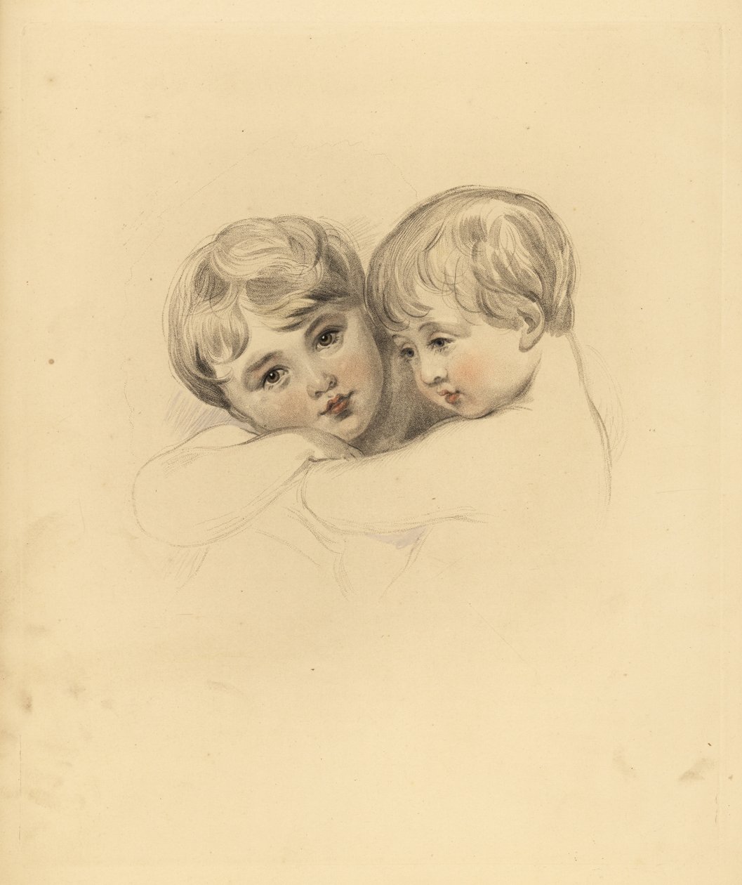 Portrét dětí Calmeady v objetí. Ručně tónovaná rytina Fredericka Christiana Lewise podle ilustrace sira Thomase Lawrence z P.G. Patmore