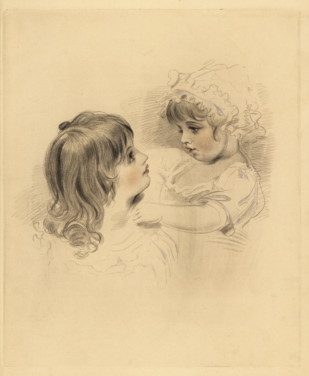 Portrét dvou dětí. Starší drží neochotné mladší dítě v čepici a šatech. Ručně tónovaná rytina Fredericka Christiana Lewise podle ilustrace sira Thomase Lawrence z P.G. Patmore