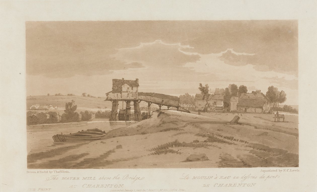 Vodní mlýn nad mostem v Charentonu 1803; Deska 20 z Views v Paříži, Emanuel Volume tracing of plate B181.25.2629 od Frederick Christian Lewis the Elder