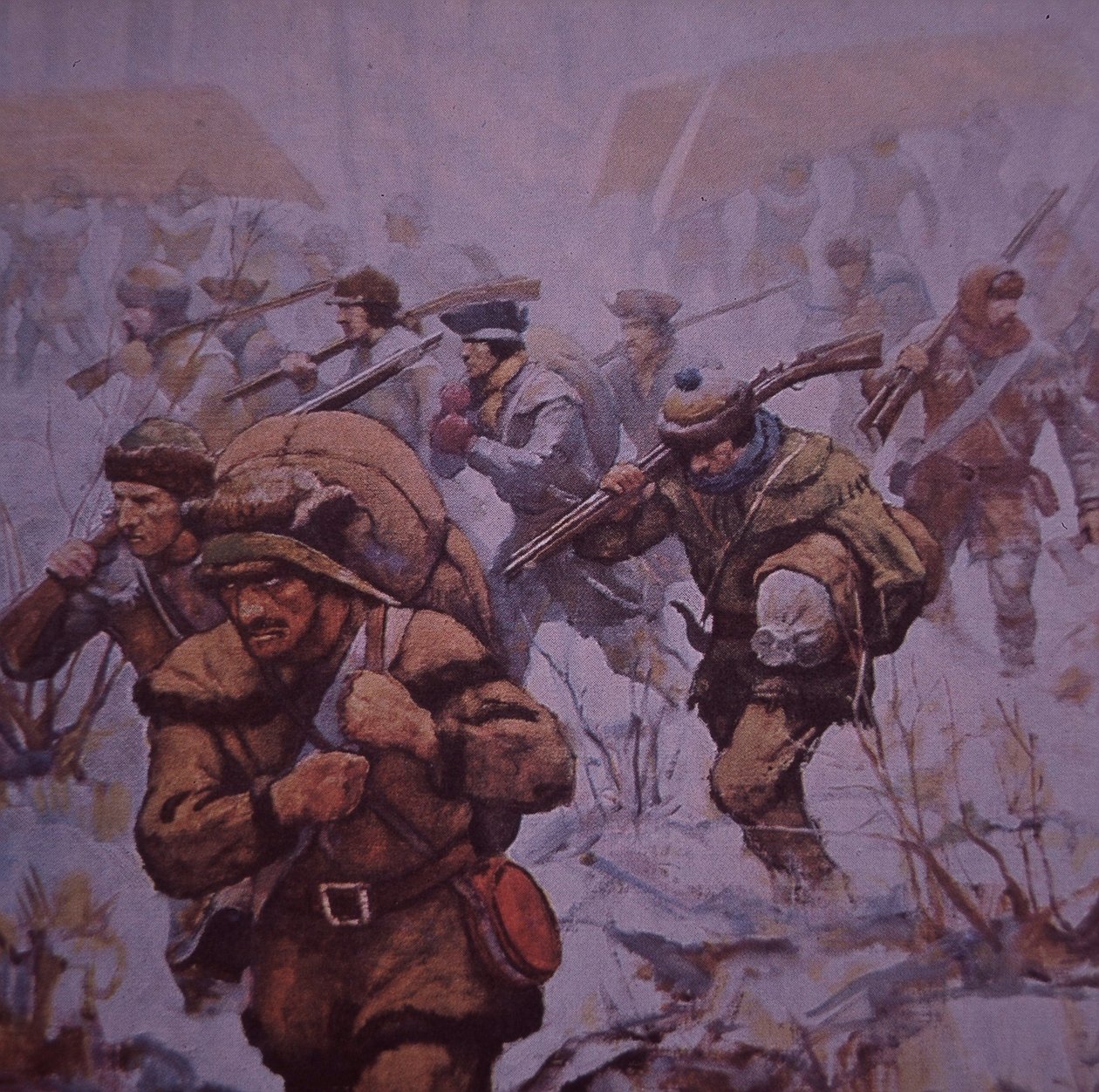 Americká invaze do Kanady. Vojáci Benedicta Arnolda pochodující z Bostonu do Quebecu v roce 1775, kolem roku 1930 (barevné lito) od Frederick Coffay (after) Yohn