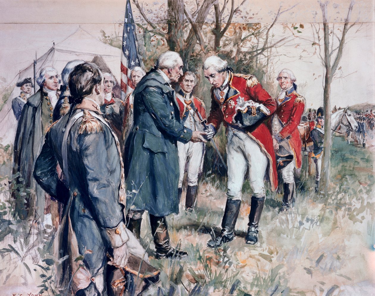 Americká válka za nezávislost (1775-1783): kapitulace britského generála Johna Burgoyna (1722-1792) u Saratogy v roce 1777 - ilustrace F. C. Yohna (Frederick Coffay Yohn) (1875-1933) od Frederick Coffay Yohn