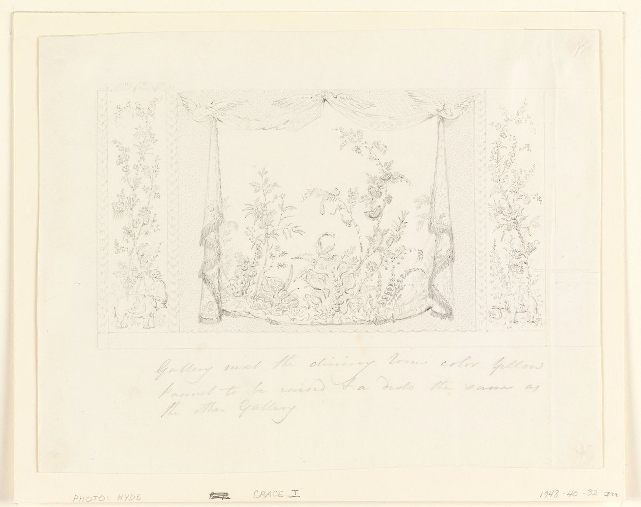 Kresba, Královský pavilon, Brighton, Modrý (jižní) salonek, návrh výzdoby stěn, cca 1820 od Frederick Crace