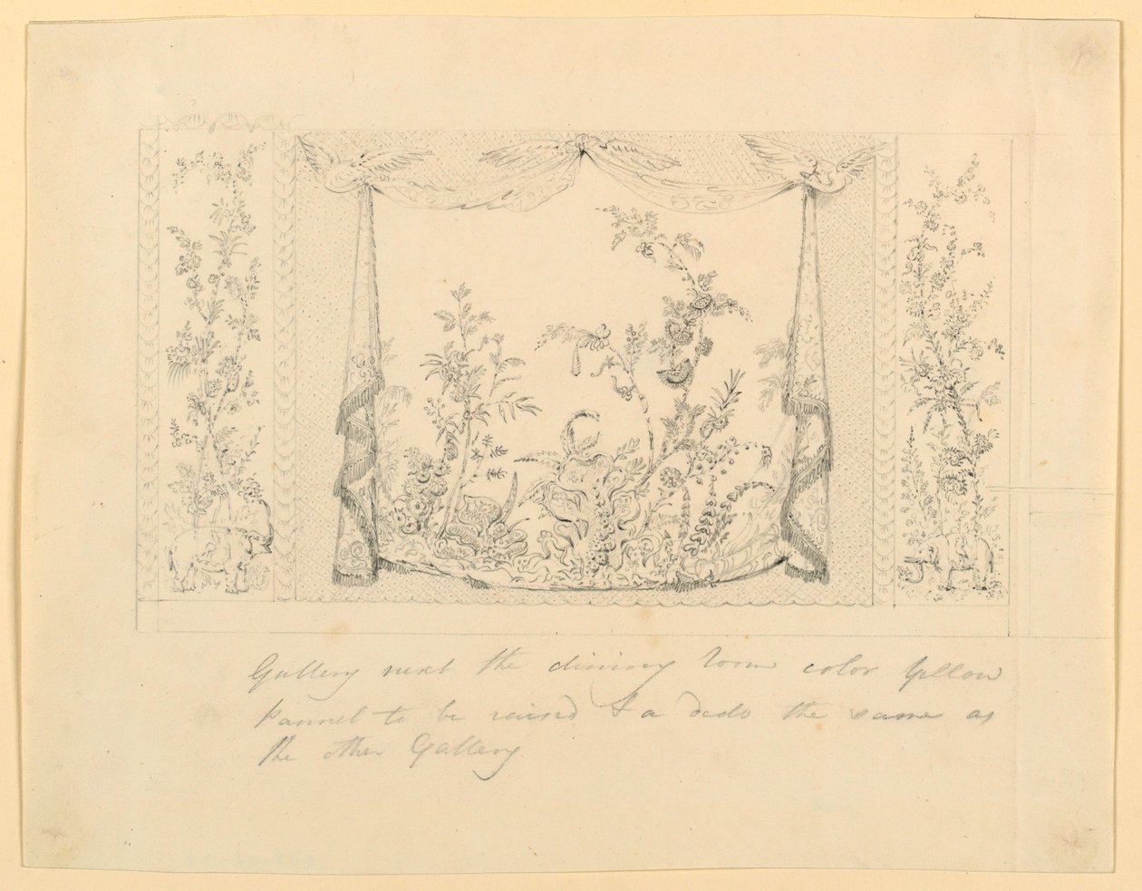 Kresba, Královský pavilon, Brighton, Modrý (jižní) salonek, návrh výzdoby stěn, cca 1820 od Frederick Crace