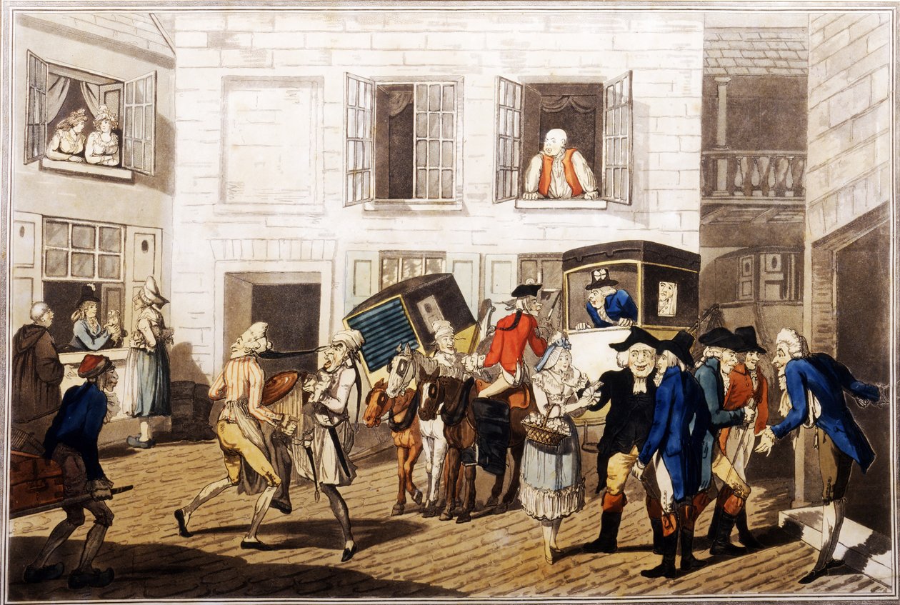 Inn Yard at Calais, hospoda. William Holland, Londýn, 1790 (ručně kolorovaná akvatinta) od Frederick George Byron
