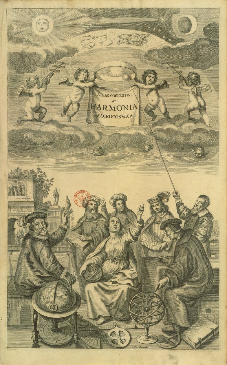 Frontispis k „Nebeskému atlasu nebo harmonii vesmíru“ (Atlas coelestis seu harmonia macrocosmica) Amsterdam, kolem roku 1660 od Andrease Cellariuse od Frederick Hendrick van Hove