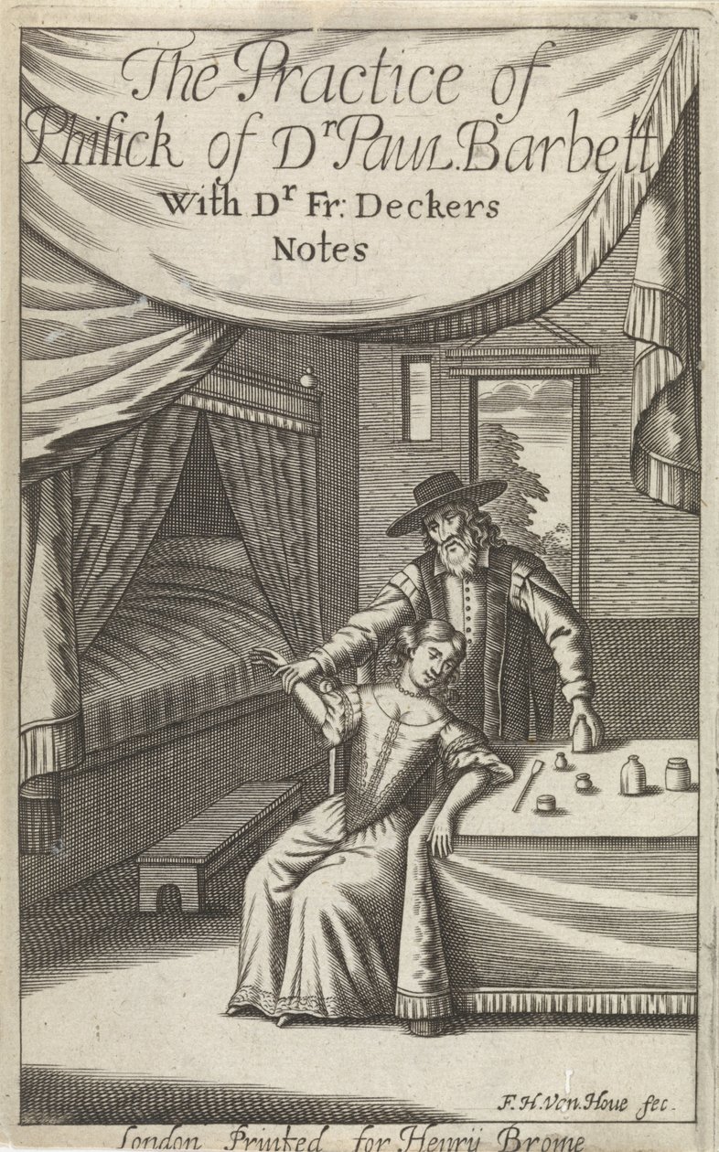 Doktor s mladou ženou v interiéru Titulní strana pro: Dekkers, F., The Practice of Phisick of Dr. Paul Barbett od Frederick Hendrick van den Hove