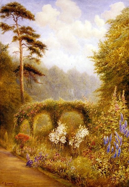 Lilie a Delphiniums, Golden Hill Park, Londýn (akvarel na papíře) od Frederick Henry Evans