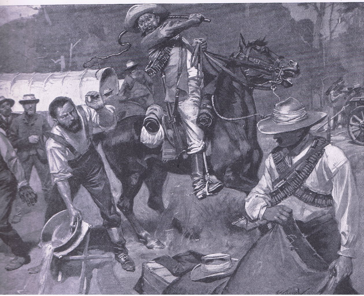 Búrské zacházení s mírovými vyslanci: Bičování Margendaalu, z After Pretoria: The Guerilla War vydané Harmsworth Bros Limited, 1901 od Frederick Judd Waugh