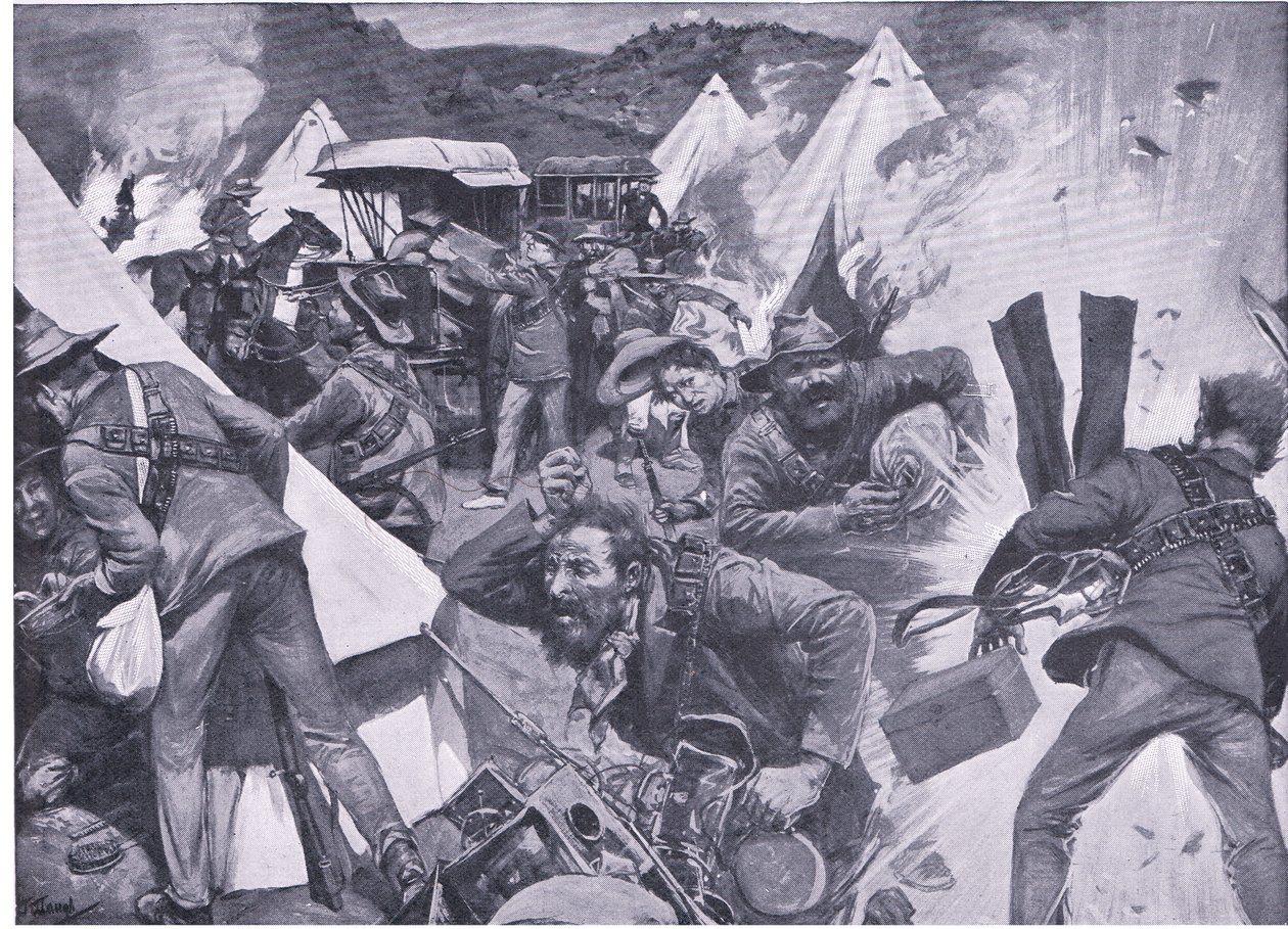Búrové rabující britský tábor v Nooitgedacht pod dělostřeleckou palbou, z Po Pretorii: Guerilla War vydané Harmsworth Bros Limited, 1901 od Frederick Judd Waugh