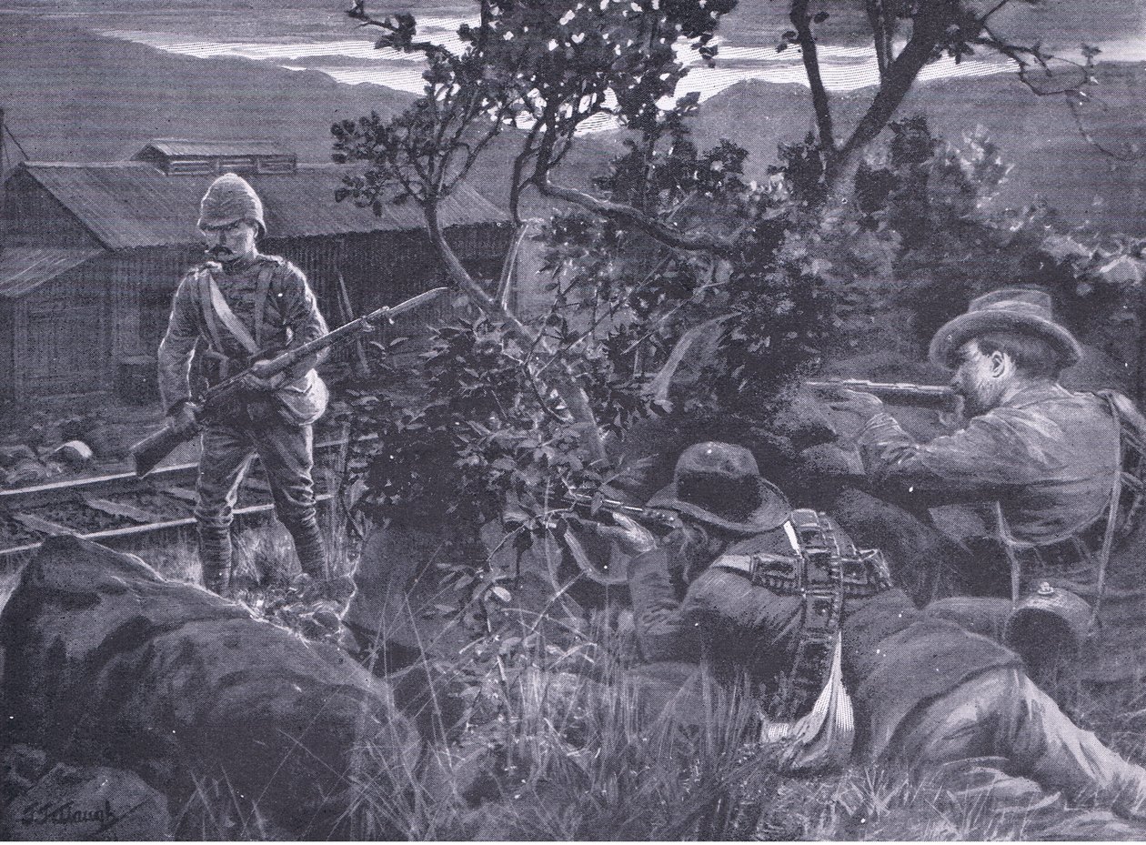 Degenerovaná válka: Búrové ostřelují hlídku, z After Pretoria: The Guerilla War vydané nakladatelstvím Harmsworth Bros Limited, 1901 od Frederick Judd Waugh