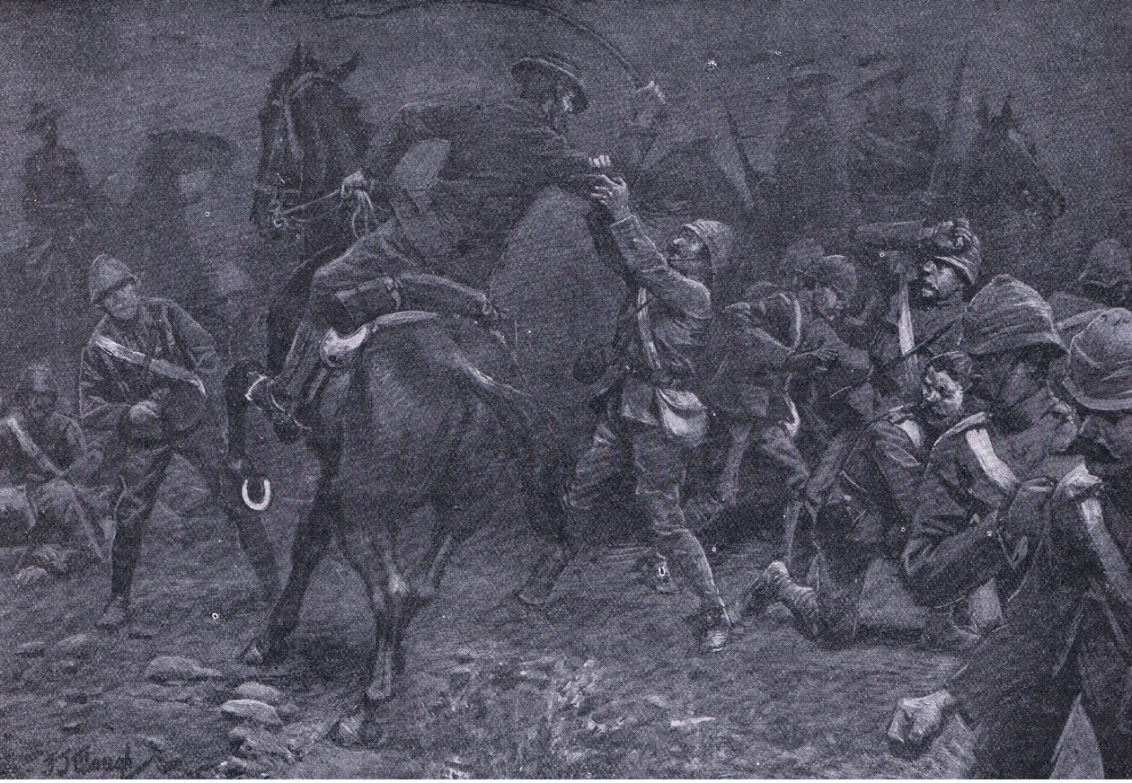 Major Boole-Smith řeší De Wet, z After Pretoria: The Guerilla War vydané Harmsworth Bros Limited, 1901 od Frederick Judd Waugh