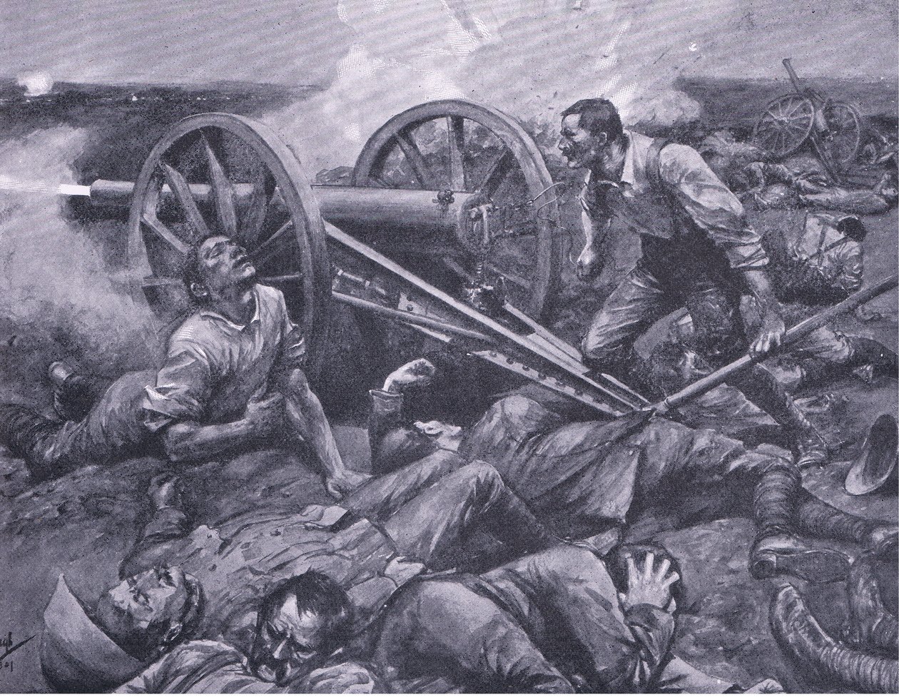 Obrana Dewetsdorpu: práce s 15librovým jednou rukou, ilustrace z Po Pretorii: Guerilla War, 1902 od Frederick Judd Waugh