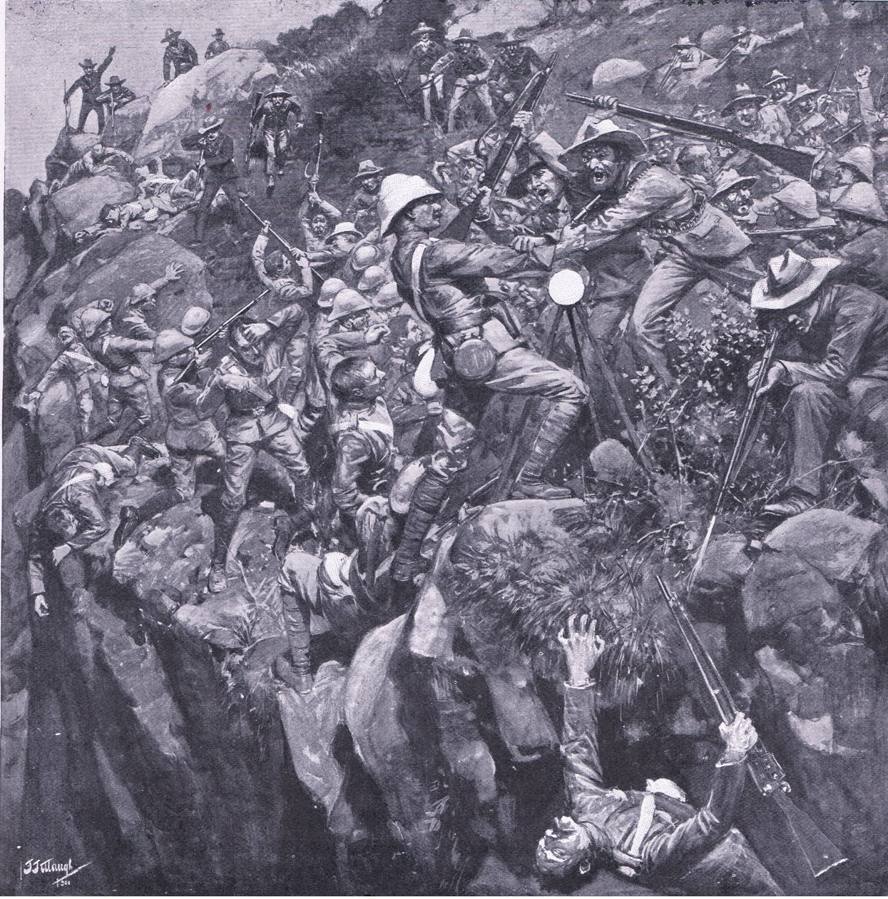 Katastrofa v Nooitgeddacht: Konec statečného signalizátora, z After Pretoria: The Guerilla War vydané Harmsworth Bros Limited, 1901 od Frederick Judd Waugh